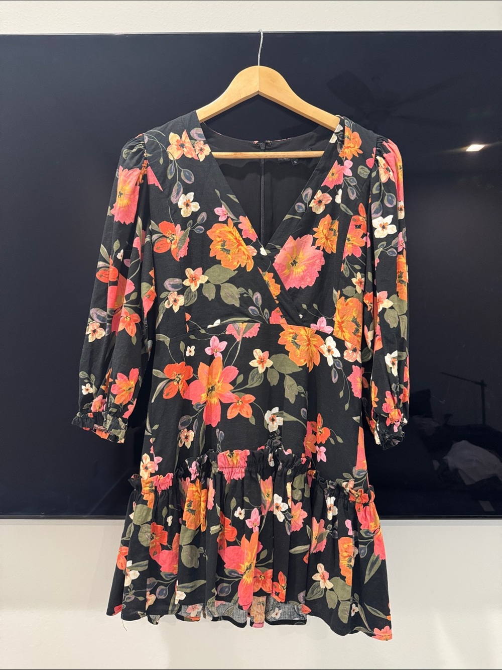 Olivaceous Black Mini Dress with Orange and Pink Floral Print